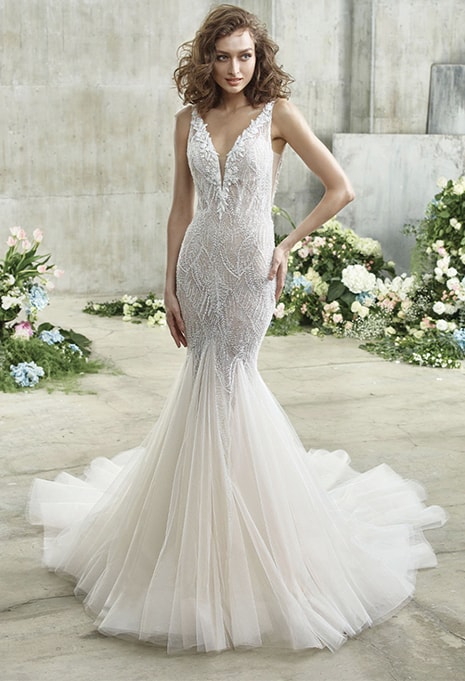 model wearing Badgley Mischka Emmy wedding dress