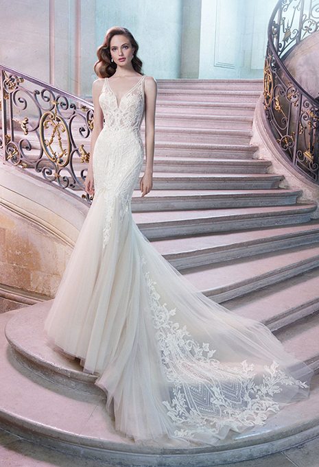 enzoani-philomina-dress-train bride wearing enzoani philomina wedding dress on staircase