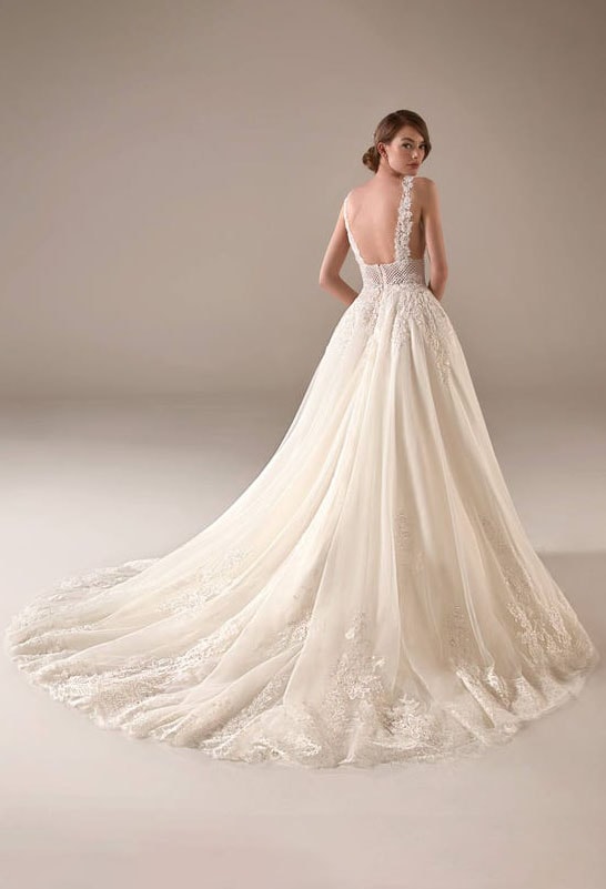 pronovias-privee-adwoa-back train on pronovias privee adwoa wedding gown