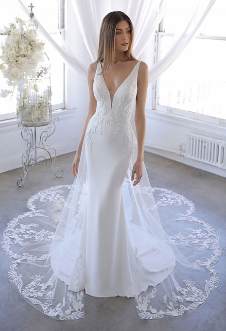 blue-ozalea-dress-image-1 bride modeling ozalea dress with lace train