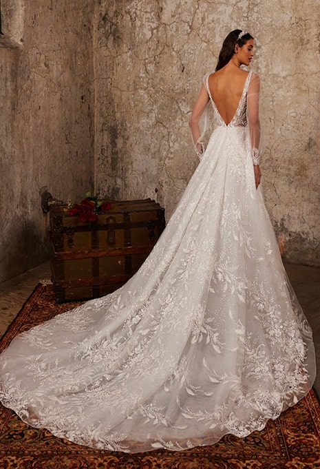 calla-blanche-122248-image-3 bride modeling back of calla blanche Charmaine gown