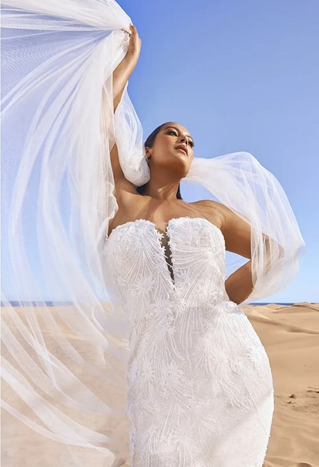 pronovias-lansbury-dress-image-3 bride modeling lansbury dress with veil