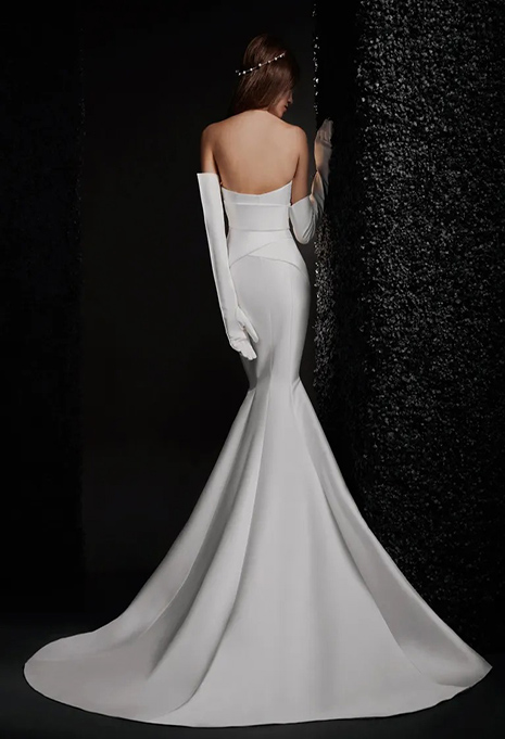 bride modeling back of vera wang lucille wedding dress