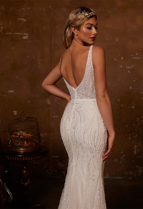 side view of Calla Blanche 122233 wedding dress