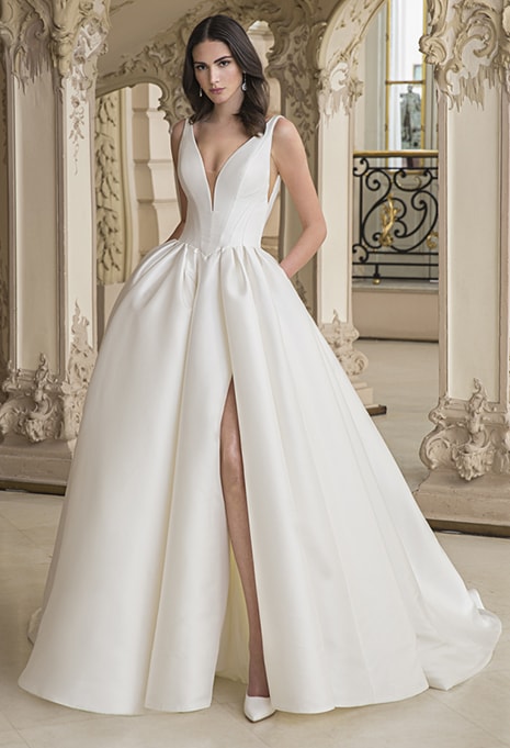 Sophisticated Mikado satin & lace hi low drop waist wedding dress