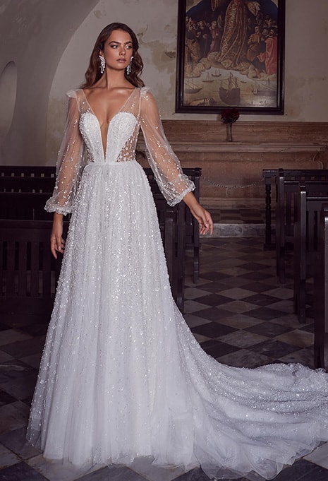 front view of Calla Blanche Galea wedding dress