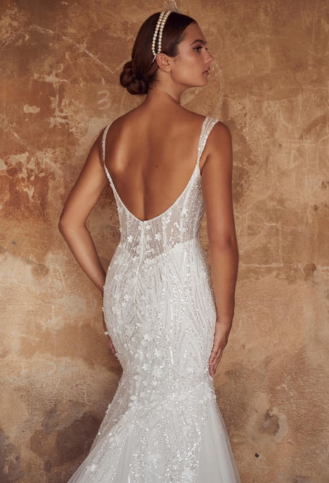 side view of Calla Blanche Meghan wedding dress