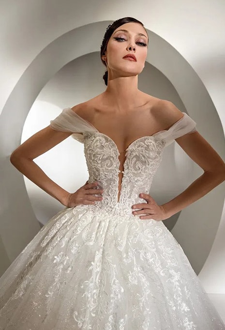 close-up of Nicole Milano Corbusier wedding dress