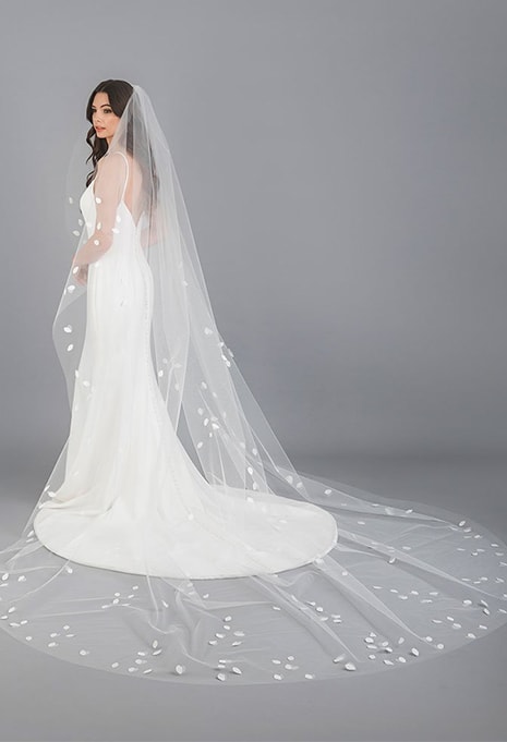woman wearing Bel Aire Bridal V7695C veil