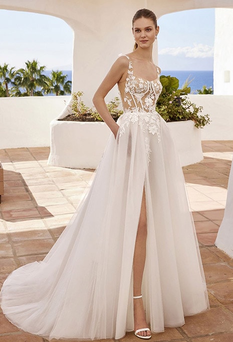front view of Love by Enzoani Clarabelle wedding dress