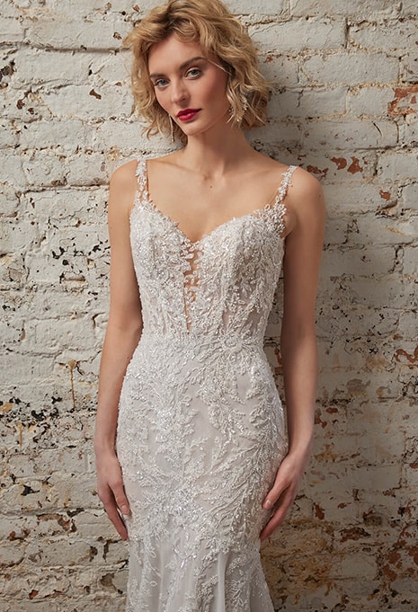 close-up of Calla Blanche 123242 wedding dress