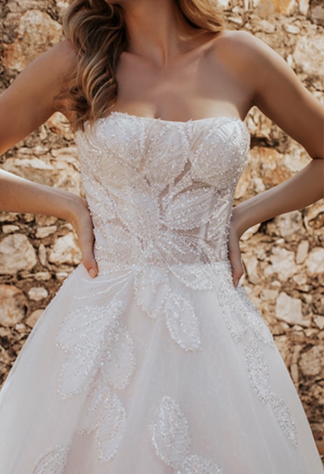 close-up of the front of Allure Bridals Aspen wedding dress