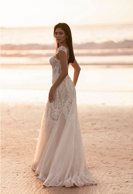 Lateral view of Allure Bridals - Sleeved Fit and Flare Gown