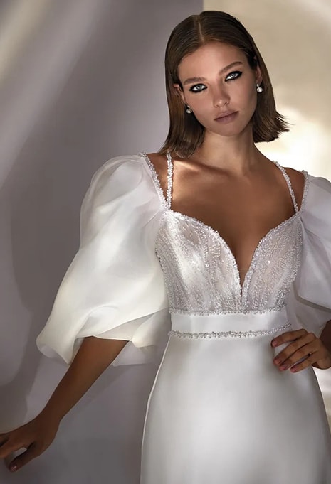 front view close-up Nicole Milano Meira wedding dress