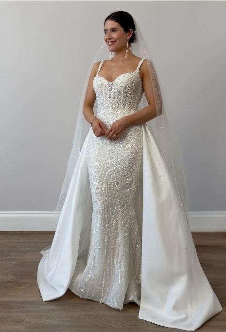 Try on the Blanche Mikado Pearl Half Overskirt Gown in Los