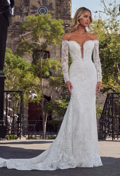 front view of Calla Blanche Lenny wedding gown on bride