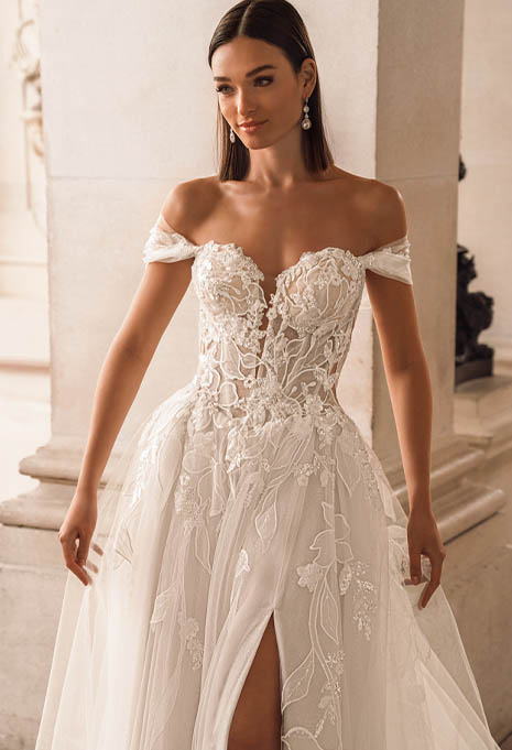 close-up front view of Élysée Fae wedding gown
