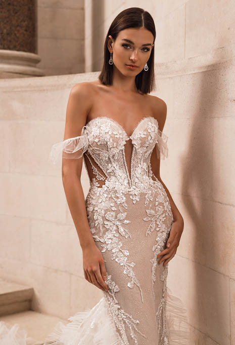 close-up front view of Élysée Fawne wedding gown