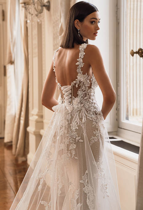 close-up back view of Élysée Femie wedding gown