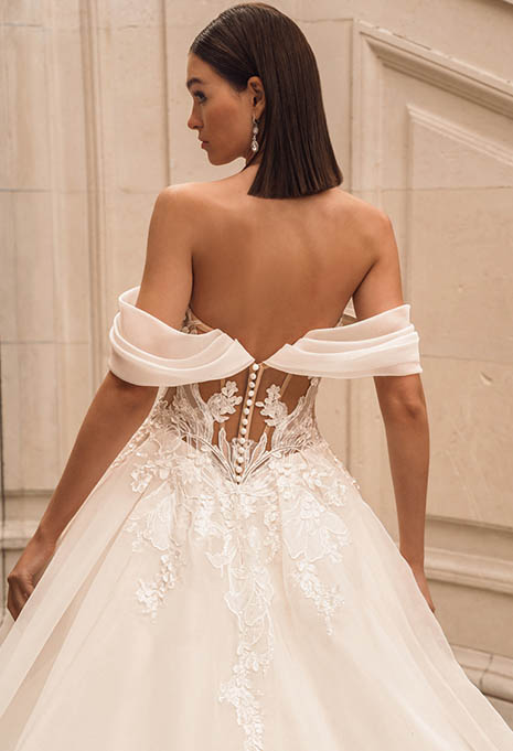close-up back view of Élysée Fuchsia wedding gown