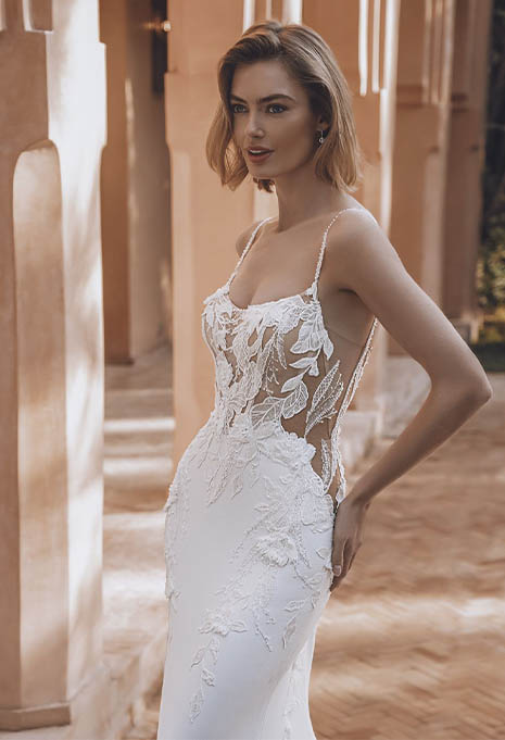 close-up side view of Enzoani Unique wedding gown