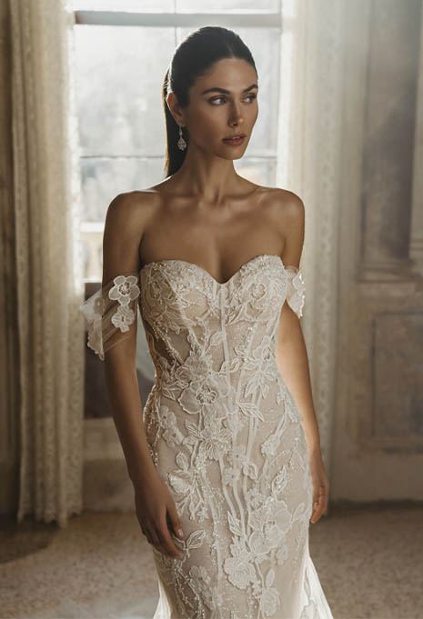 close-up front view of PEN LIV Capri wedding gown