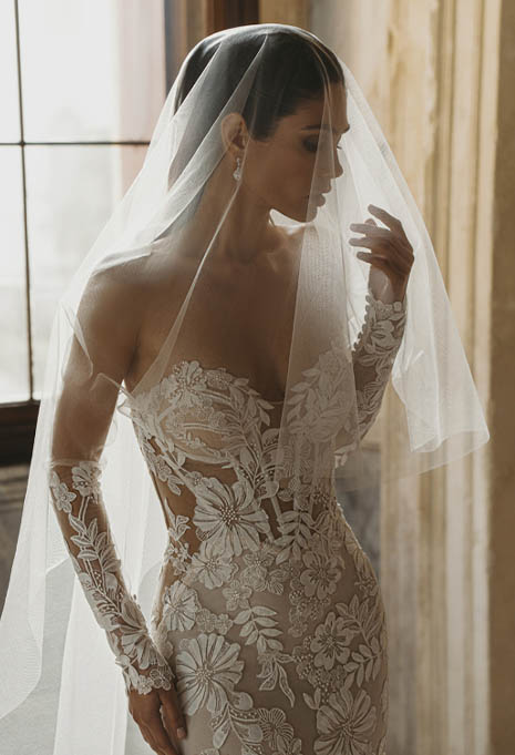 close-up side view of PEN LIV Cassandra wedding gown