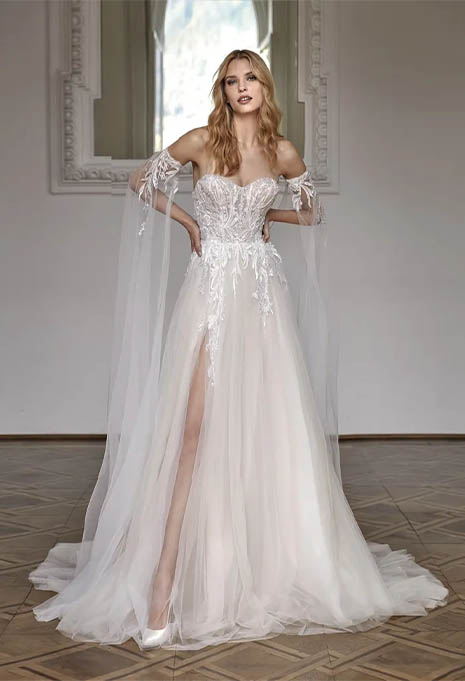 front view of Nicole Milano Dunia wedding gown