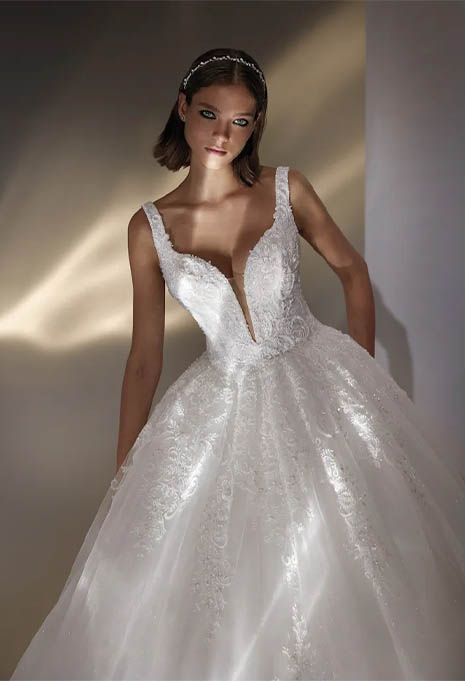 close-up front view of Nicole Milano Kalinda wedding gown