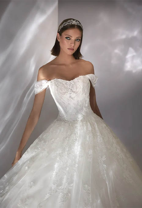 close-up front view of Nicole Milano Koray wedding gown