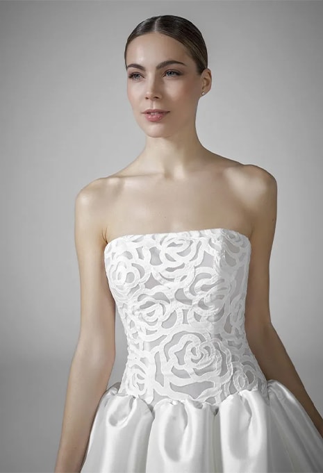 close-up front view of Pronovias Bourgeon wedding gown