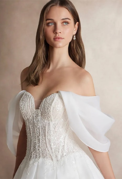 close-up front view of Nicole Milano Ghia wedding gown