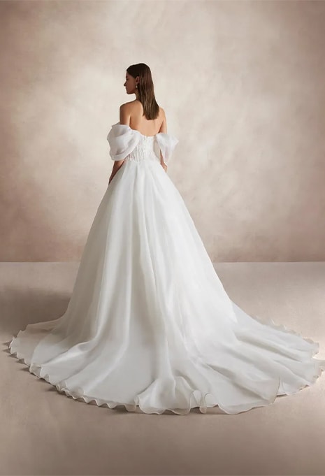 back view of Nicole Milano Ghia wedding gown