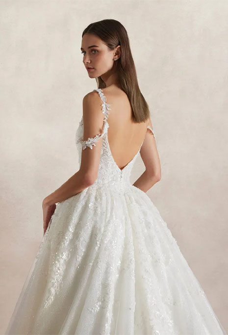 close-up side view of Pronovias Nicole Milano Ayma wedding gown