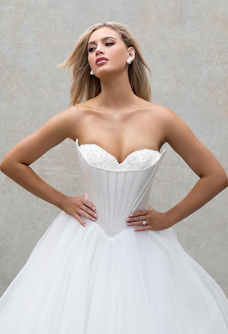 close-up front view of Allure Bridals Abella wedding gown