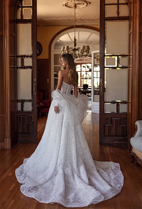 back/side view of Tina Valerdi Abelia wedding gown