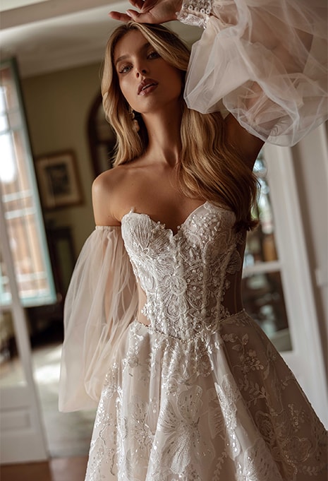 close-up front view of Tina Valerdi Acacia wedding gown