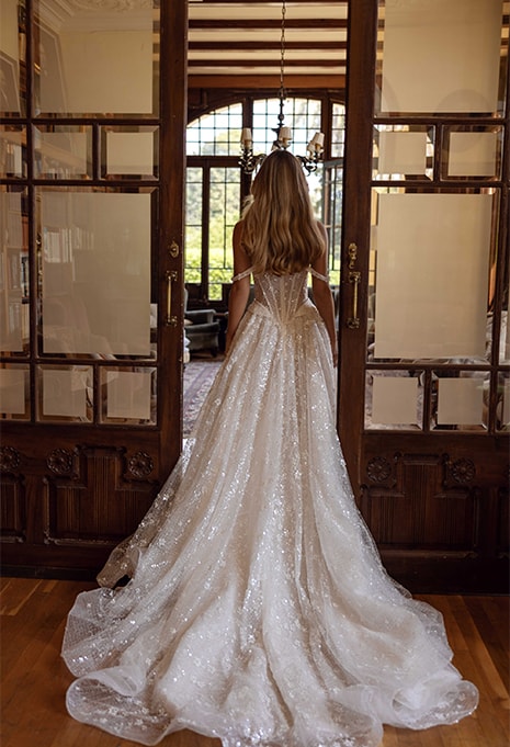 back view of Tina Valerdi Bloom wedding gown