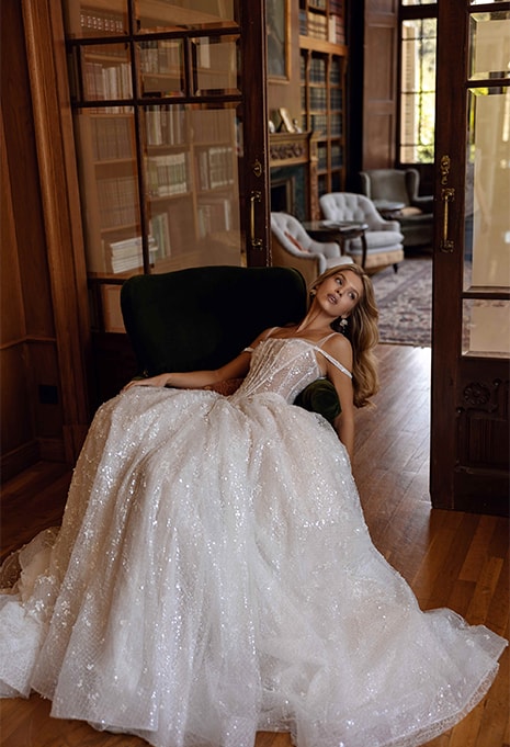bride wearing Tina Valerdi Bloom wedding gown