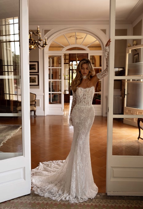 front view of Tina Valerdi Ornella wedding gown