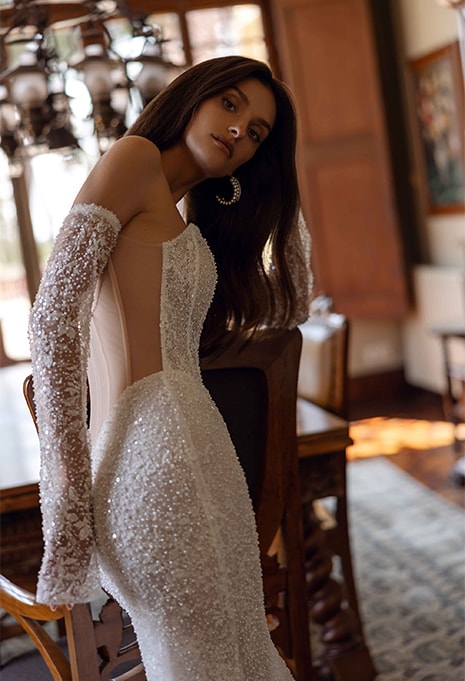 close-up side view of Tina Valerdi Tansy wedding gown