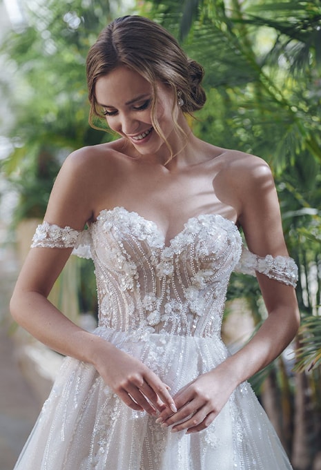 close-up front view of Blue by Enzoani Sequoia wedding gown
