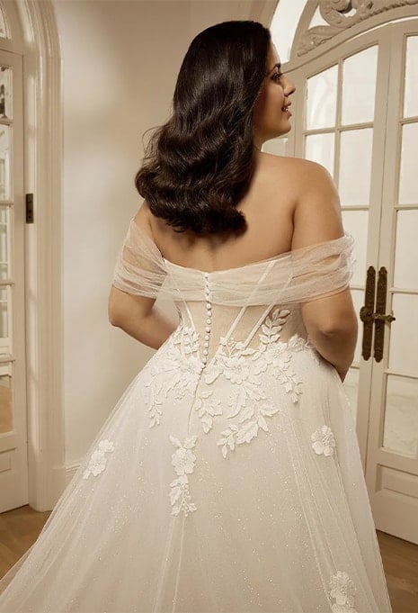 close-up back view of Portrait Bridal X Bernadine wedding gown