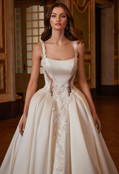 close-up front view of ÉLYSÉE Privé Elsie wedding gown