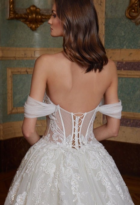 close-up back view of ÉLYSÉE Privé Emily wedding gown