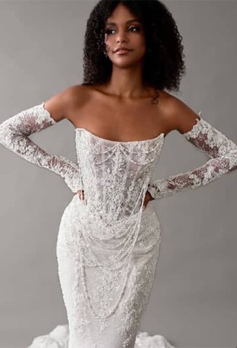 knee length dresses for ladies Windsor Sydney Lace Corset Mermaid Slit Formal Dress in Red main image 0