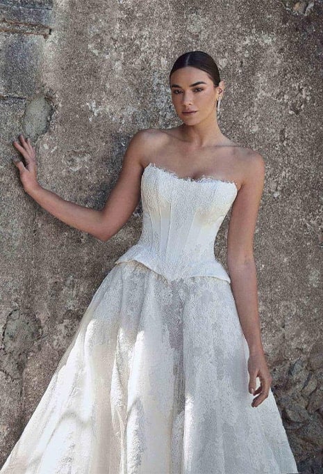 close-up front view of Calla Blanche Cambria wedding gown