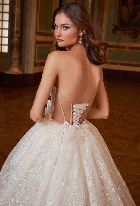 close-up back view of Élysée Privé Esmeralda wedding gown