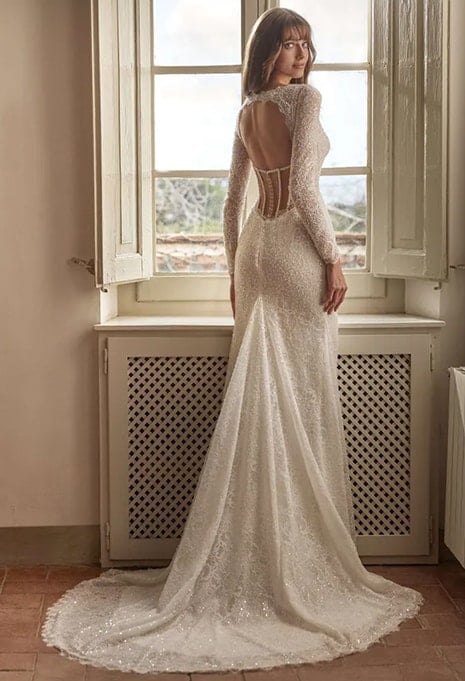 back view of Nicole Milano Bastina wedding gown