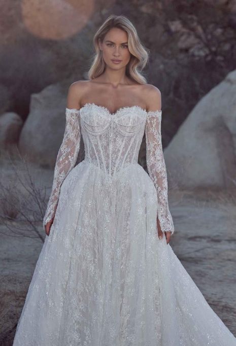 front view of Calla Blanche Bianca wedding gown